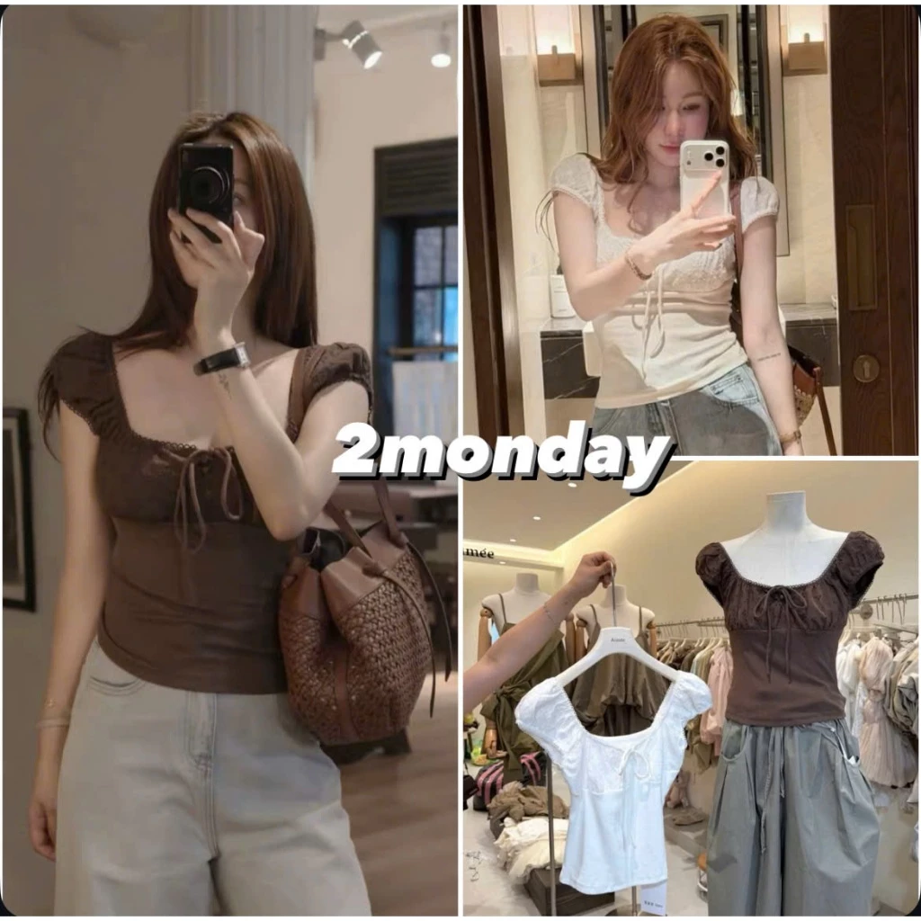 [HÀNG LOẠI 1/ SẴN] ÁO THUN CỔ VUÔNG REN CHẤT HOA BOI ĐÍNH NƠ SIÊU XINH 2MONDAY A199