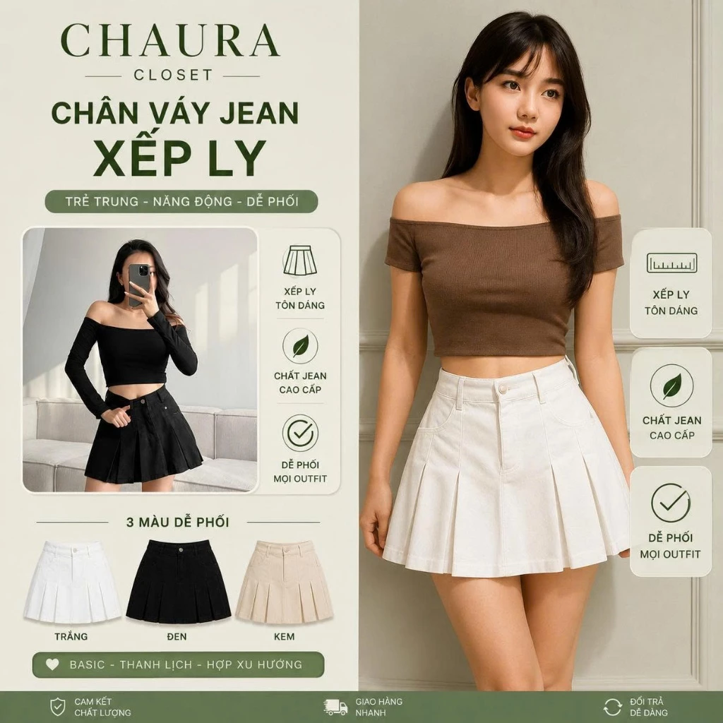 Chân Váy Jean Ngắn Dáng chữ A, Chân Váy Jean XẾP LY Kèm Quần Bảo Hộ Chất Jean Mềm  Trẻ trung Năng Động - CHAURA CLOSET
