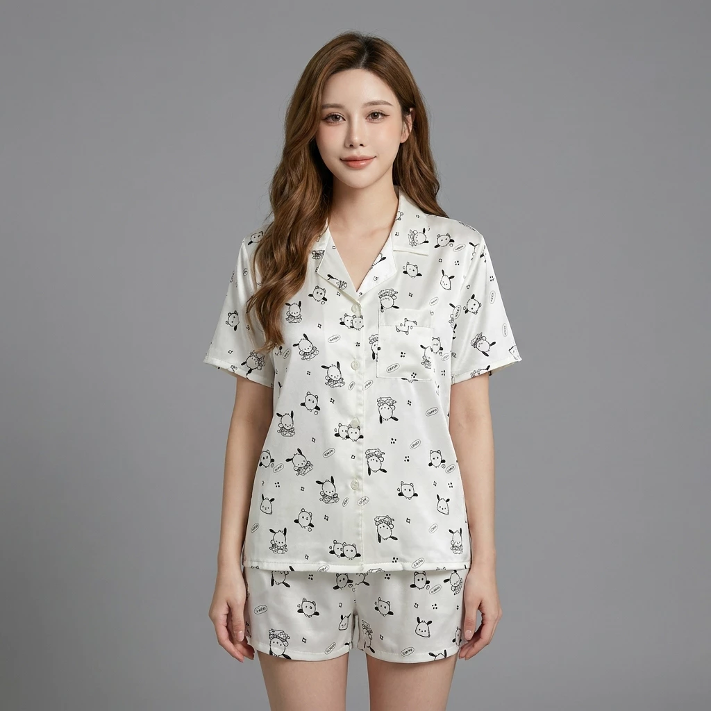 Đồ mặc nhà, bộ ngủ nữ, Pijama cộc đùi chất liệu Lụa Xước mềm mại, hàng Quảng Châu cao cấp