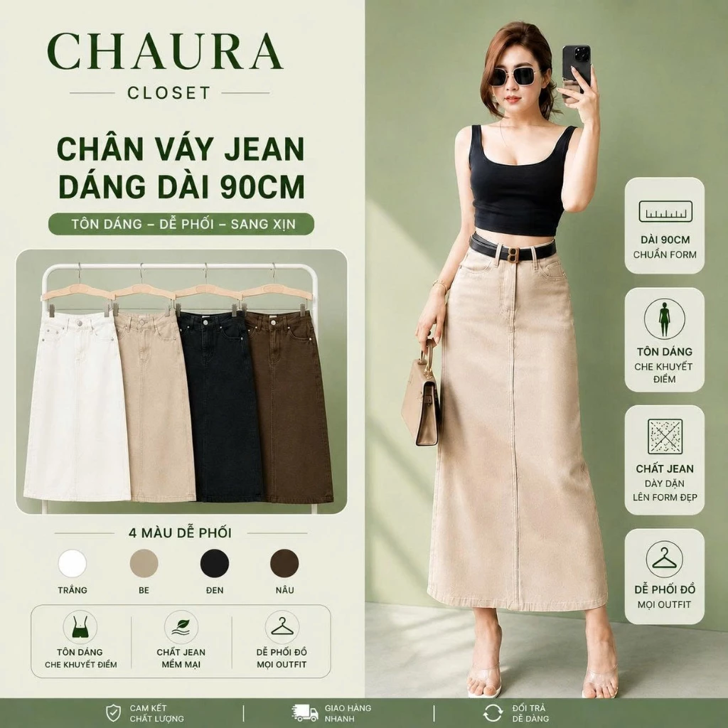 Chân Váy Jean Dáng Dài 90cm Lưng Cao Chữ A Xẻ Sau Có Túi – Chân Váy Bò Dài Tôn Dáng Basic | Chaura Closet