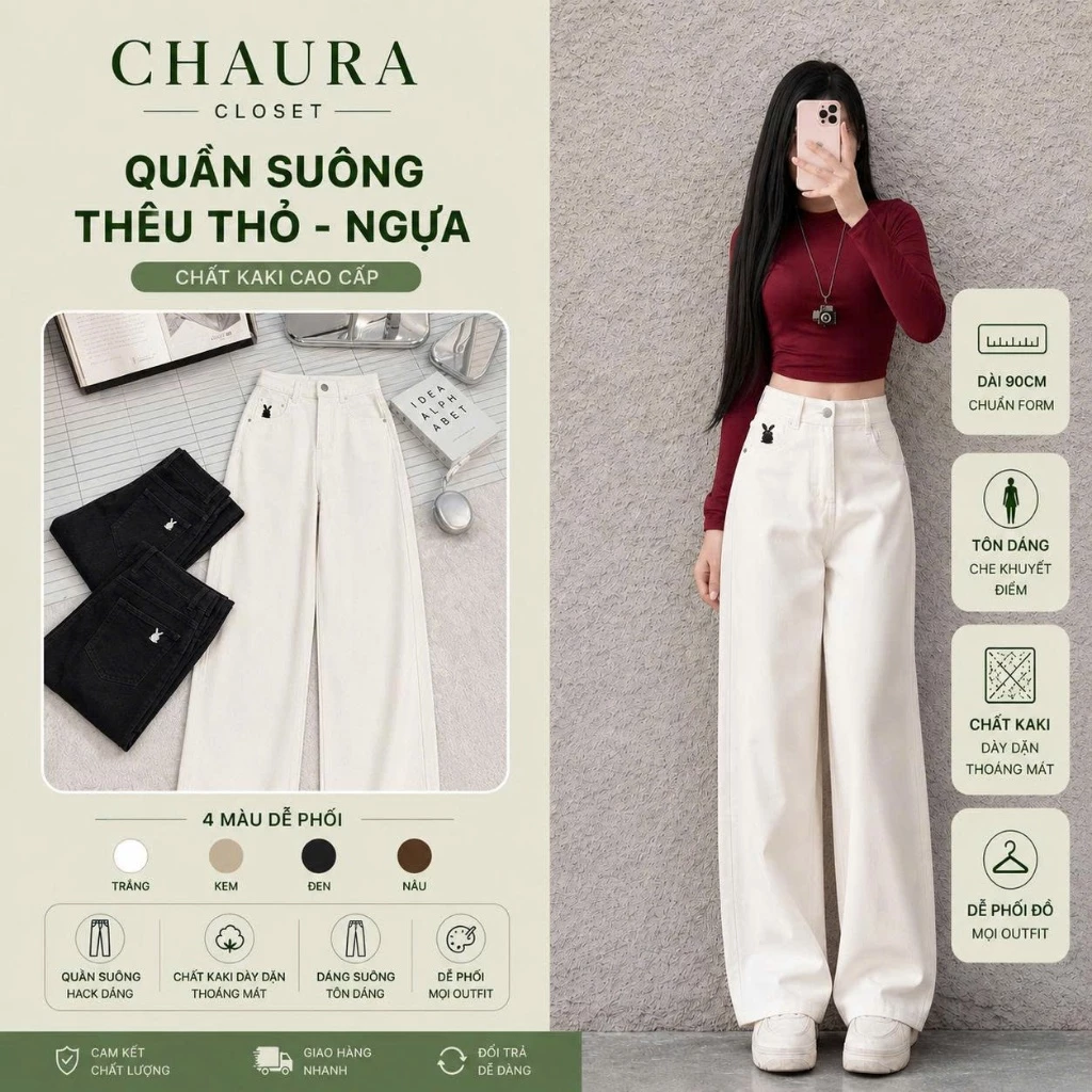 Quần KaKi Nữ Ống Suông Dài 100cm Thêu Hình Thỏ, Ngựa Chất Dày Mềm, quần kaki nữ ống suông hách dáng - CHAURA CLOSET