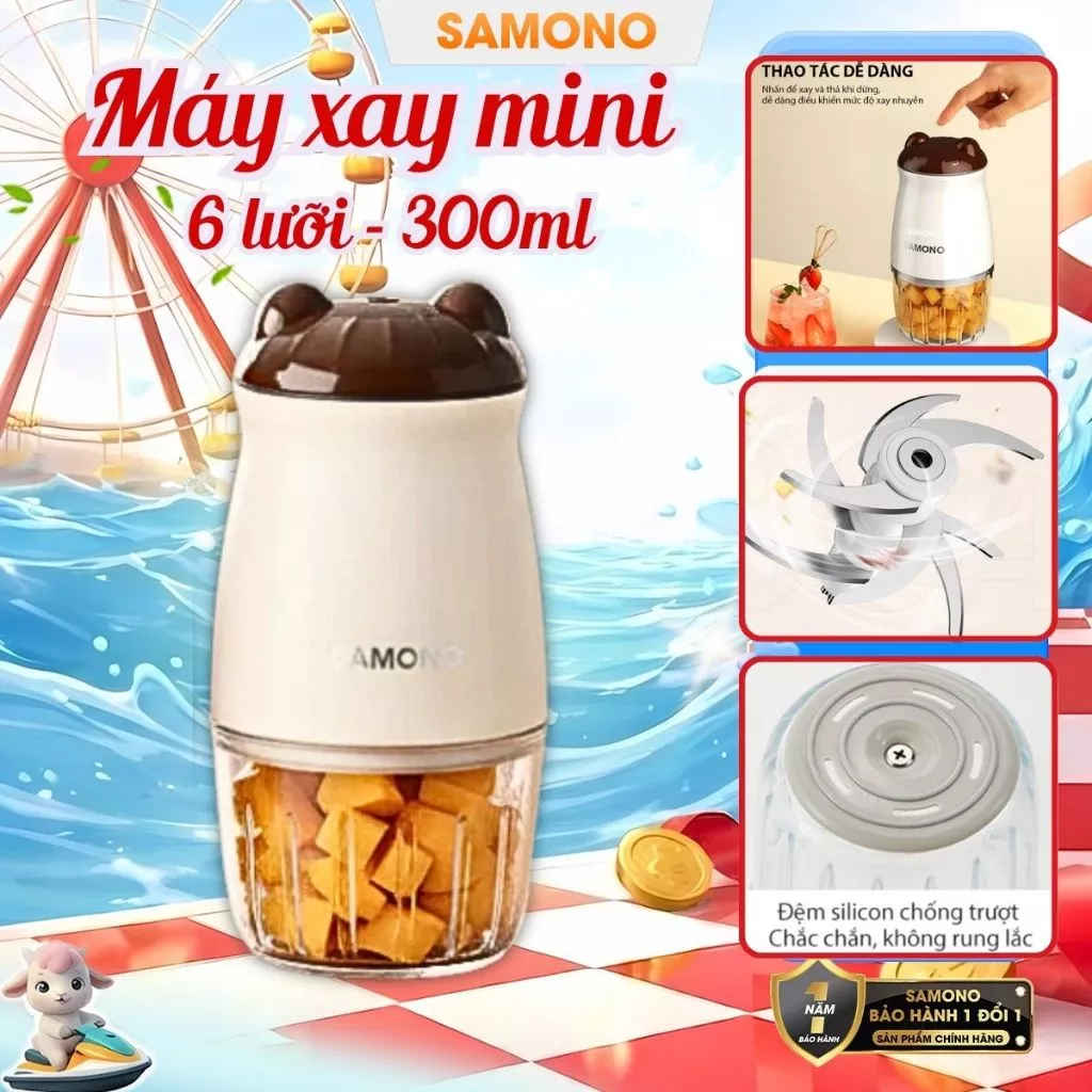 Máy xay thực phẩm mini đa năng Samono SW-MC200, 6 lưỡi dao, dung tích 300ml, 200W, xay nhuyễn cho bé hình gấu bear