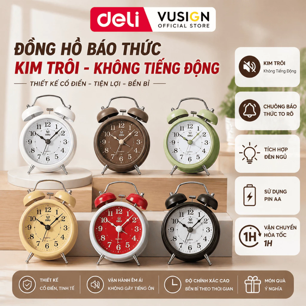 [TẶNG PIN + HỎA TỐC] Đồng Hồ Báo Thức Có Chuông Reo DELI Đồng Hồ Để Bàn Có Đèn Led Trang Trí Bàn Học