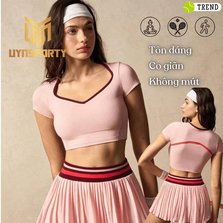 Đồ Tập Pickleball Nữ UYNSPORTY Áo Croptop Tay Ngắn, Phối Sọc, Hở Lưng, Co Giãn, Bộ Đồ Pickleball Nữ