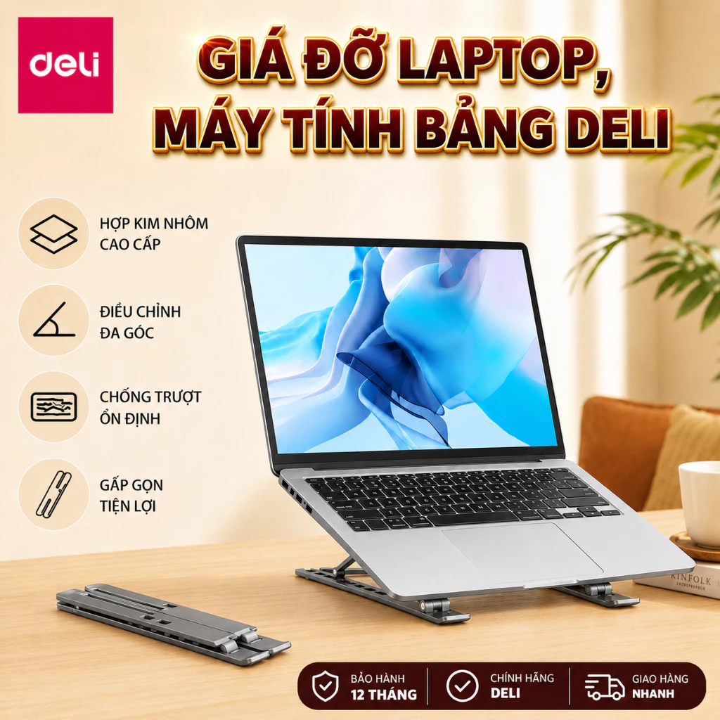 [Tặng kèm túi] Giá Đỡ Laptop, Máy Tính Bảng DELI Chất Liệu Nhôm Có Thể Gấp Gọn Điều Chỉnh Độ Cao Tản Nhiệt Tốt