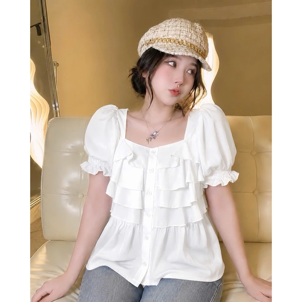 Áo sơ mi tay bồng bigsize nữ Cổ vuông vạt xòe xếp tầng chất vải xoa mềm mịn tôn dáng- SM36