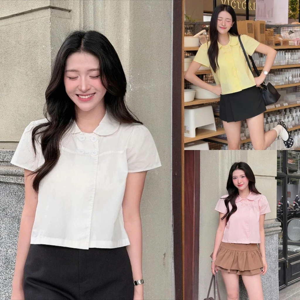 Áo Sơ Mi Cổ Sen Ngắn Tay A3 Kết Hợp 4 Cúc Nhỏ Áo Sơ Mi Chất Thô Hàn Thoáng Gram Màu Nữ Tính