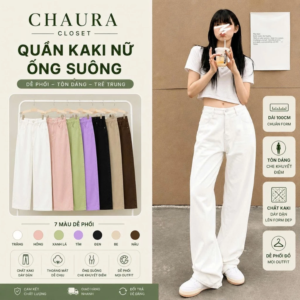 Quần SUÔNG KAKI NỮ TRƠN Cạp Cao ống rộng dáng suông đứng ulzzang phong cách hàn quốc - CHAURA CLOSET