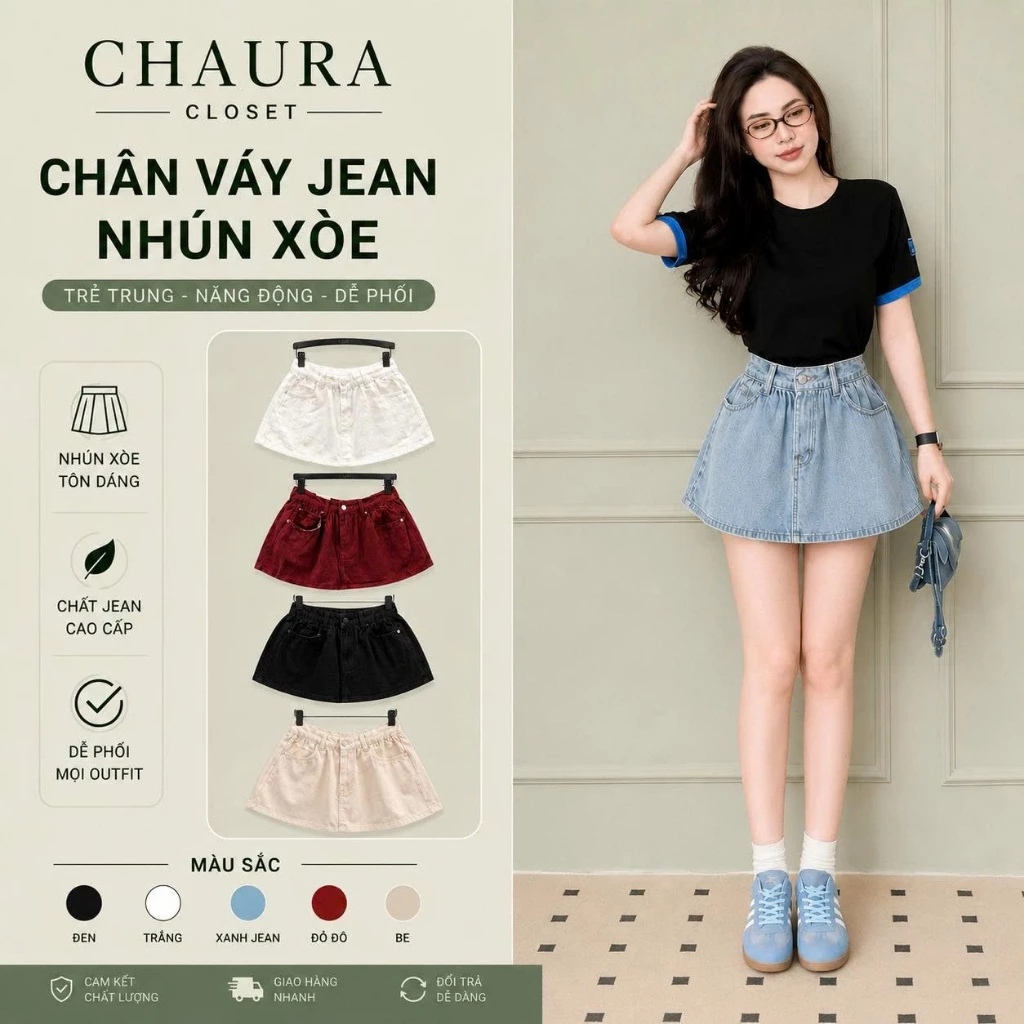Chân váy chữ A lưng cao dáng XÒE form ngắn tôn dáng, chất jean dày dặn - Váy ngắn hot trend dễ phối đồ - CHAURA CLOSET
