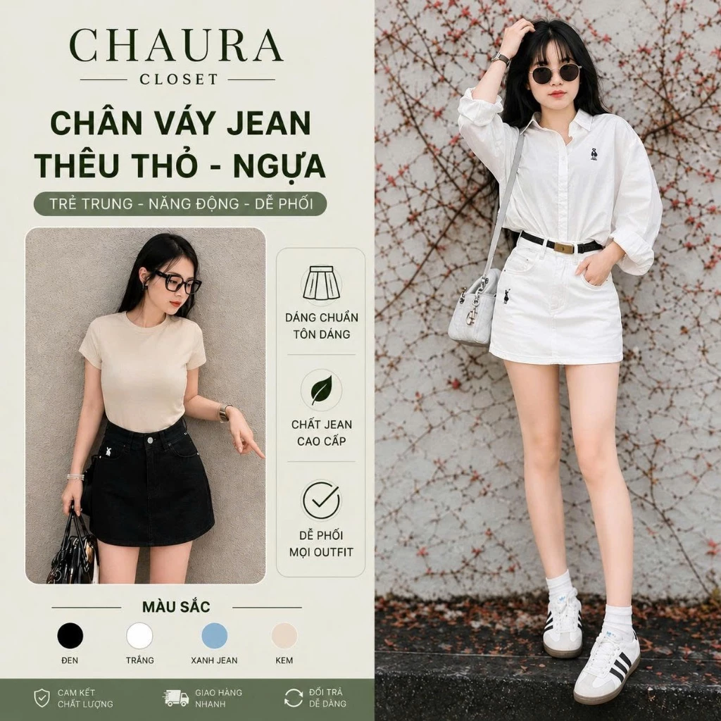 Chân Váy Jean Nữ Thêu Thỏ, Thêu Ngựa Lưng Cao, Chân Váy Ngắn Dáng Chữ A Có Lót Quần Trong - CHAURA CLOSET