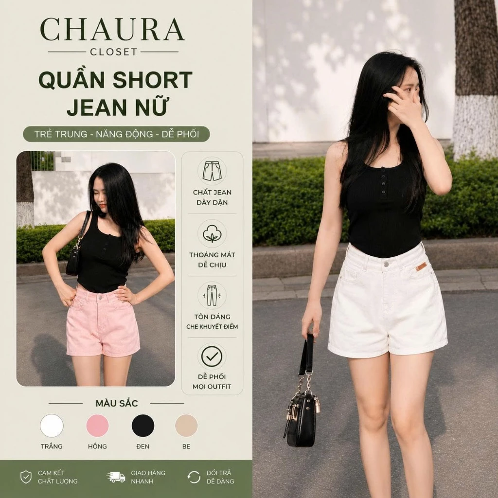 Quần short jean nữ trơn cạp cao hack dáng Quần sooc jean kaki dày dặn chất mềm mại thoáng mát - CHAURA CLOSET