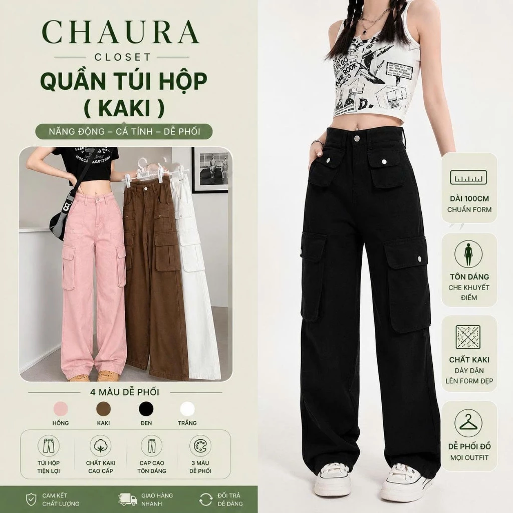 Quần Kaki Túi Hộp Cá Tính Chất KaKi Hàn Mềm Nhẹ Mát,Quần Suông Cạp Cao ống rộng siêu hách dáng - CHAURA CLOSET