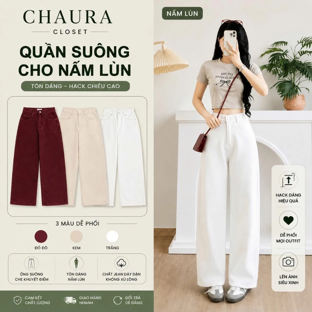 Quần JEAN dành cho NẤM LÙN, quần jean nữ chất Jean ống suông trơn dáng dài Basic lưng cao hách dáng - CHAURA CLOSET