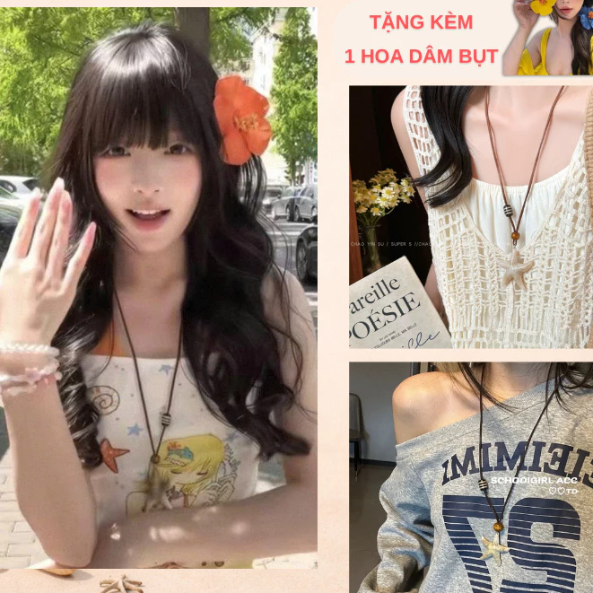 Dây Chuyền Dài Sao Biển Nữ 2026 Vòng Cổ Boho Đi Biển Tặng Kèm Kẹp Tóc Hoa Phụ Kiện Du Lịch
