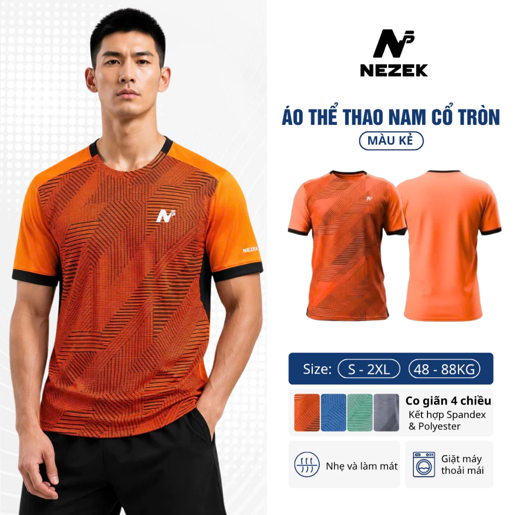 Áo Cầu Lông Nam Cổ Tròn Co Giãn 4 Chiều 48-88Kg - Màu Kẻ - Thoáng Khí, Nhanh Khô | Nezek