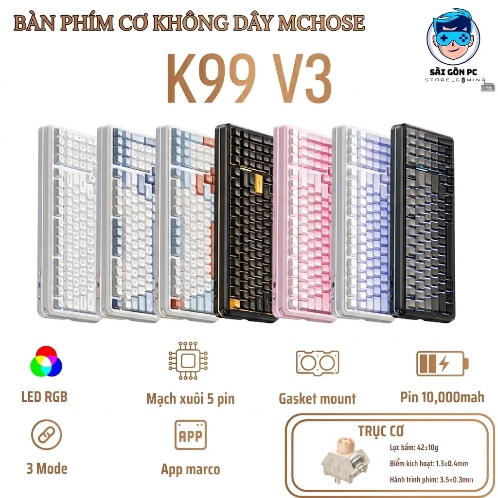 Bàn phím cơ không dây full size Mchose K99 V3 - 3 Mode - Pin 10000 - Mạch Xuôi 5 pin - LED RGB - Tạ nhôm