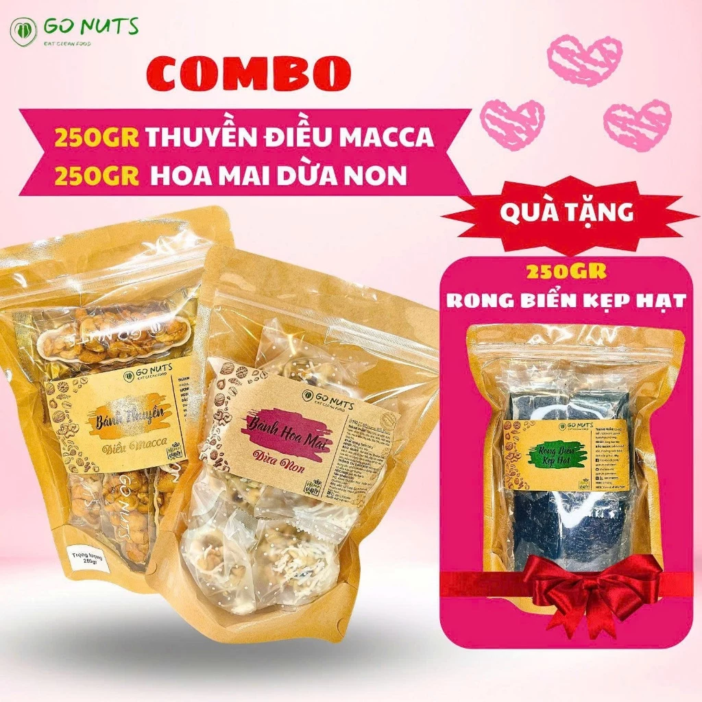 [COMBO C3] Thuyền điều macca 250g + Hoa mai dừa non 250g TẶNG Rong biển kẹp hạt 250g GO NUTS