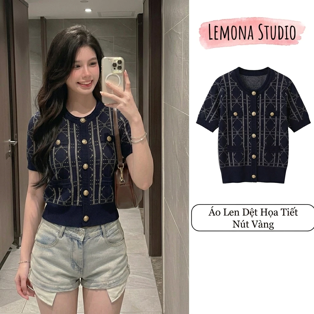 Áo Len Dệt Kim PINK CHARM Họa Tiết Phối Cúc Hoa, Áo Len Mongtoghi Đanh Mịn Không Xù