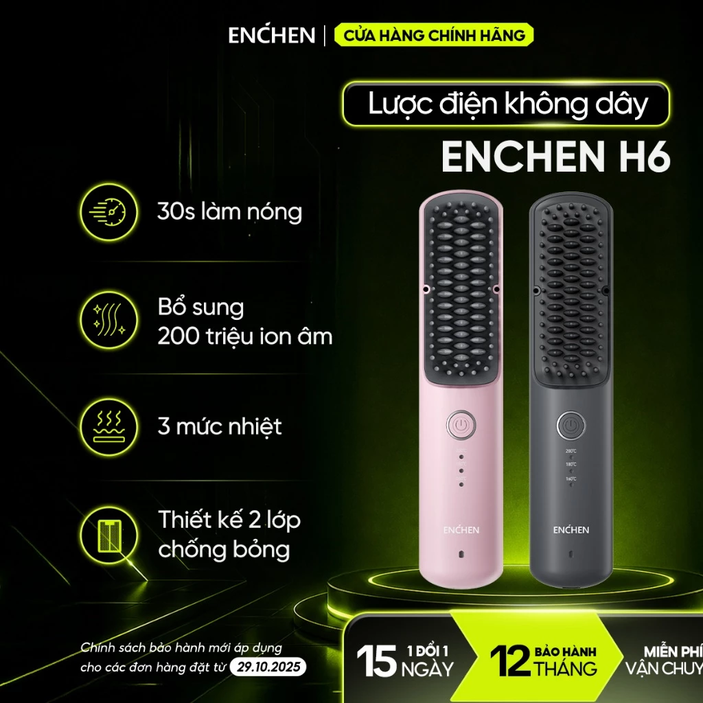 Lược điện không dây ion âm Enchen H6 - Chải thẳng suôn mượt & Tạo kiểu - 3 mức nhiệt - BH 12 tháng