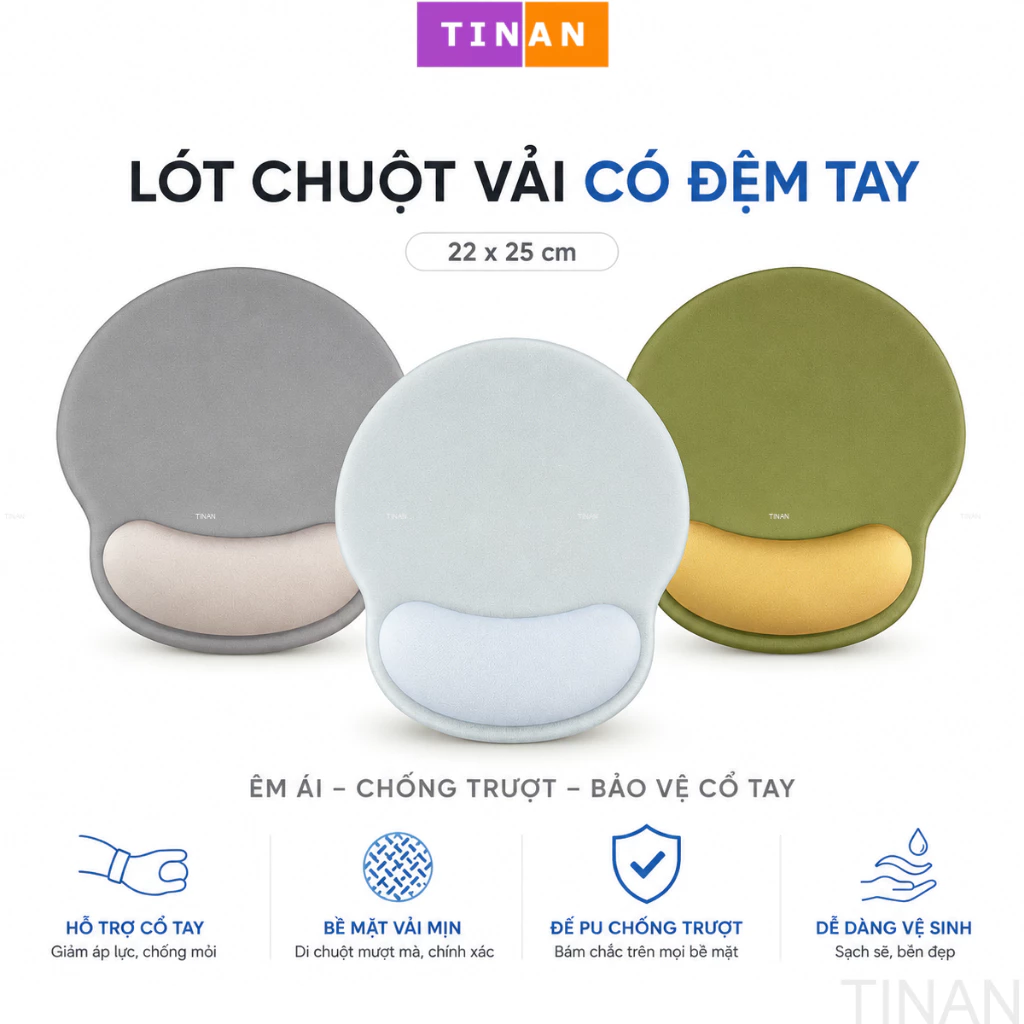 Miếng Lót Chuột VẢI CÓ ĐỆM CỔ TAY 2 MÀU, Đế Chống Trượt, Mút Đệm Tay Silicone, Mousepad Mềm Dày