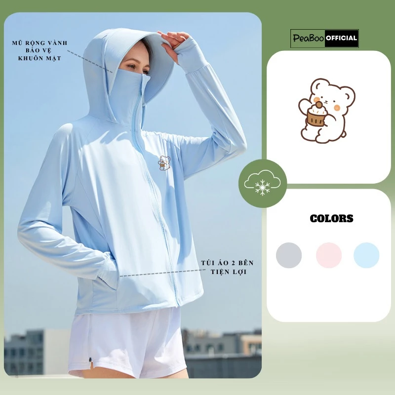 Áo Khoác Chống Nắng Nam Nữ By PEABOO Mã BST01 Gấu Zip Chất Thun Lạnh Chống Tia UV Thoáng Mát Mũ Rộng Vành