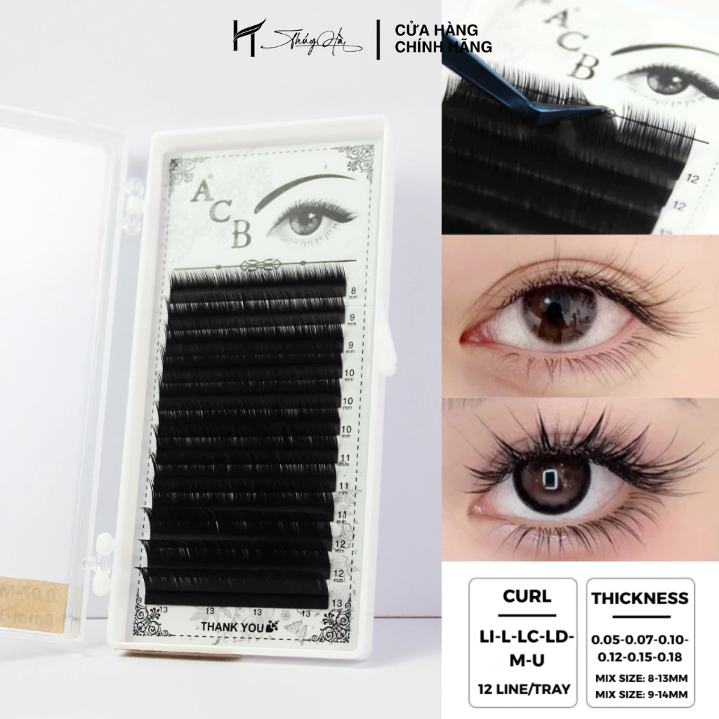 Mi Khay ACB độ Cong i-J-B-C-CC-D-U-L- LI-L-LC-LD-M hộp mix size 8-13mm Lông mi nhân tạo Thúy Hà