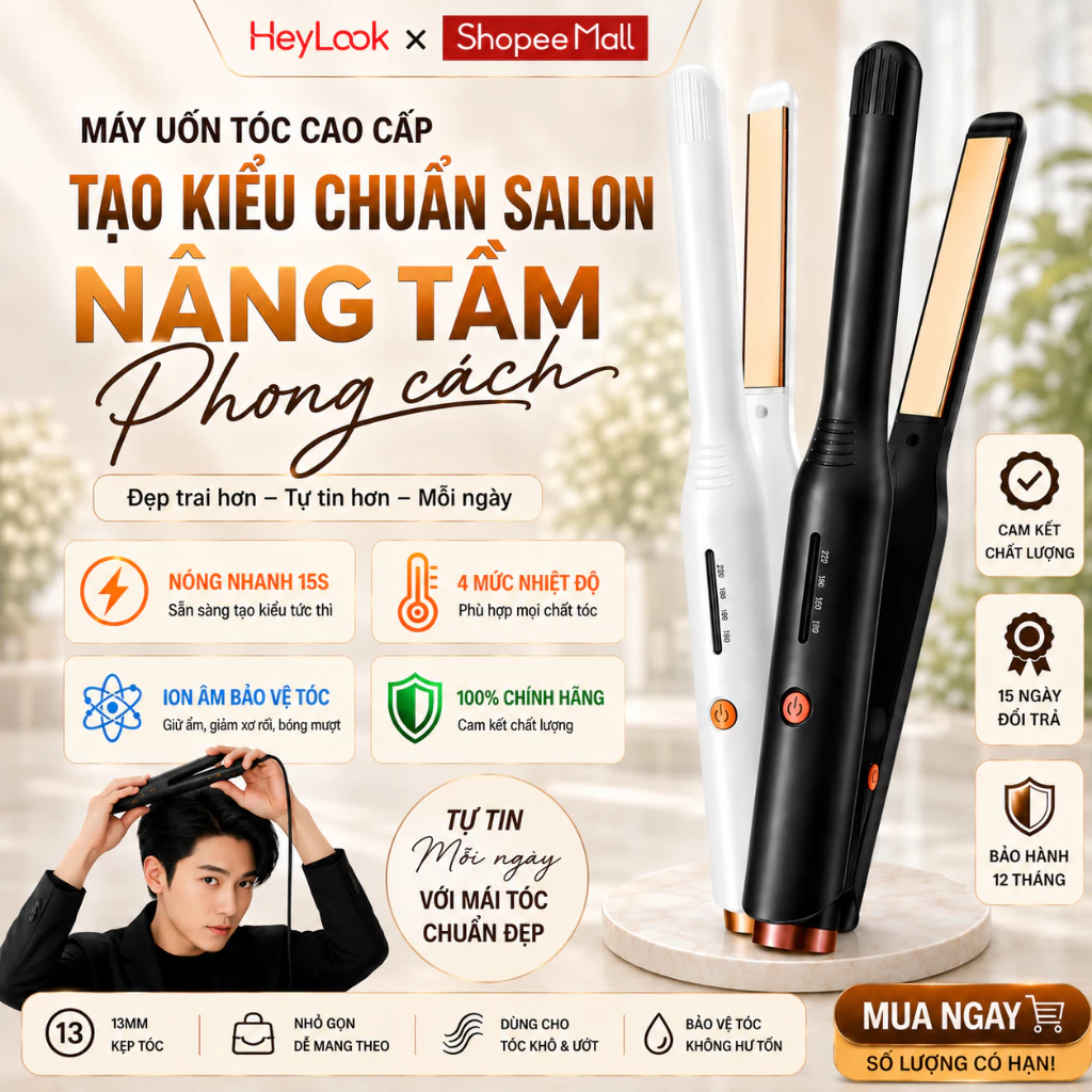 Máy Uốn Tóc Nam GODWELL, Máy Ép Side Tạo Kiểu Tóc Cho Nam 2in1, Duỗi Tóc Nam Đa Năng Ion Âm Bảo Vệ Tóc