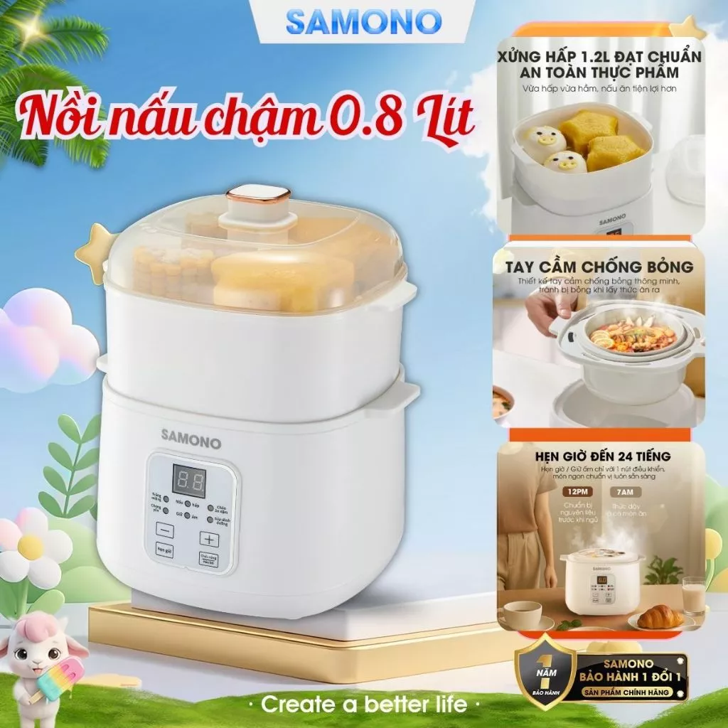 Nồi Nấu Chậm 0.8 Lít Samono SW-SC08B, Đa Năng Nấu Cháo Ninh Hầm Giữ Ấm, Giữ Trọn Chất Dinh Dưỡng - BH 1 năm