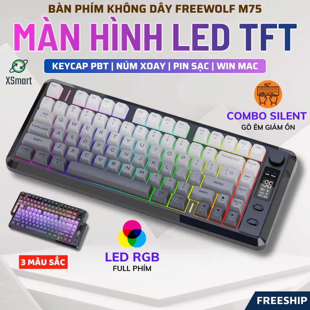 Bàn Phím Không Dây Bluetooth FreeWolf M75 LED RGB, Keycap PBT, Màn Hình LCD, Kết Nối Đa Năng Pin Sạc