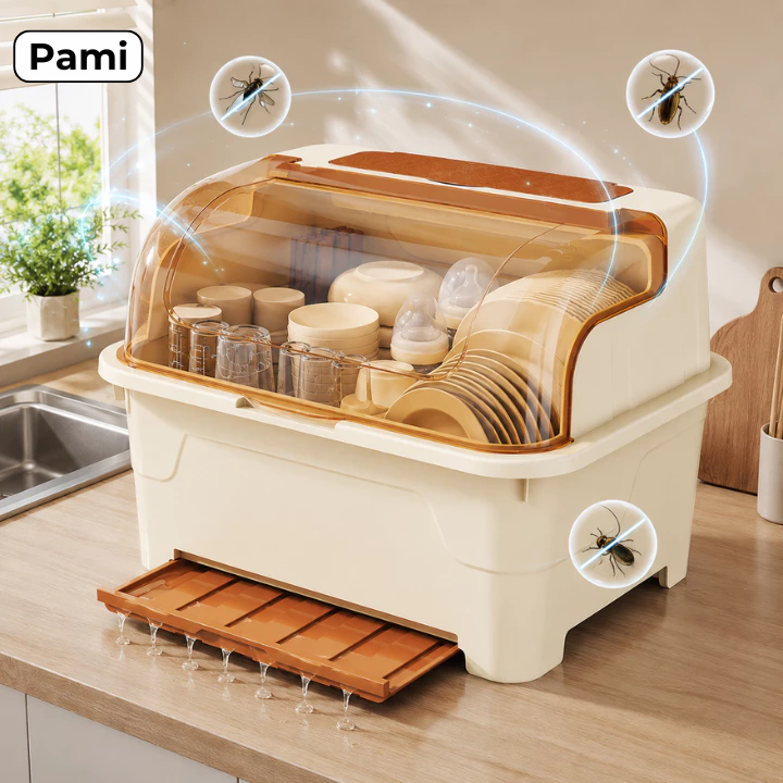 Hộp Đựng Chén Bát Kèm Giá Úp & Khay Đũa Pami, Nắp Kín Chống Bụi, Có Thoát Nước Tiện Lợi