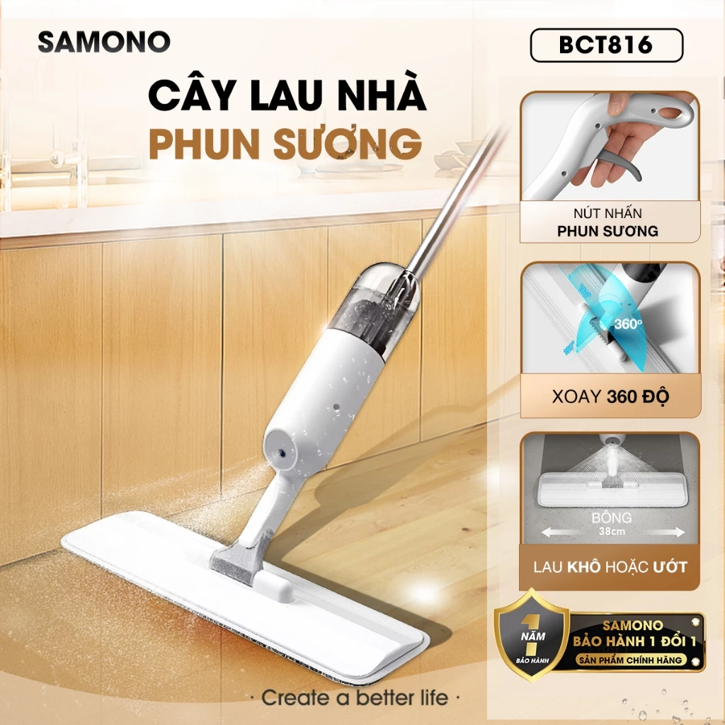 Cây lau nhà phun sương Samono - Bonbox chổi lau nhà thông minh xoay 360 độ không phải khom lưng mẫu cao cấp