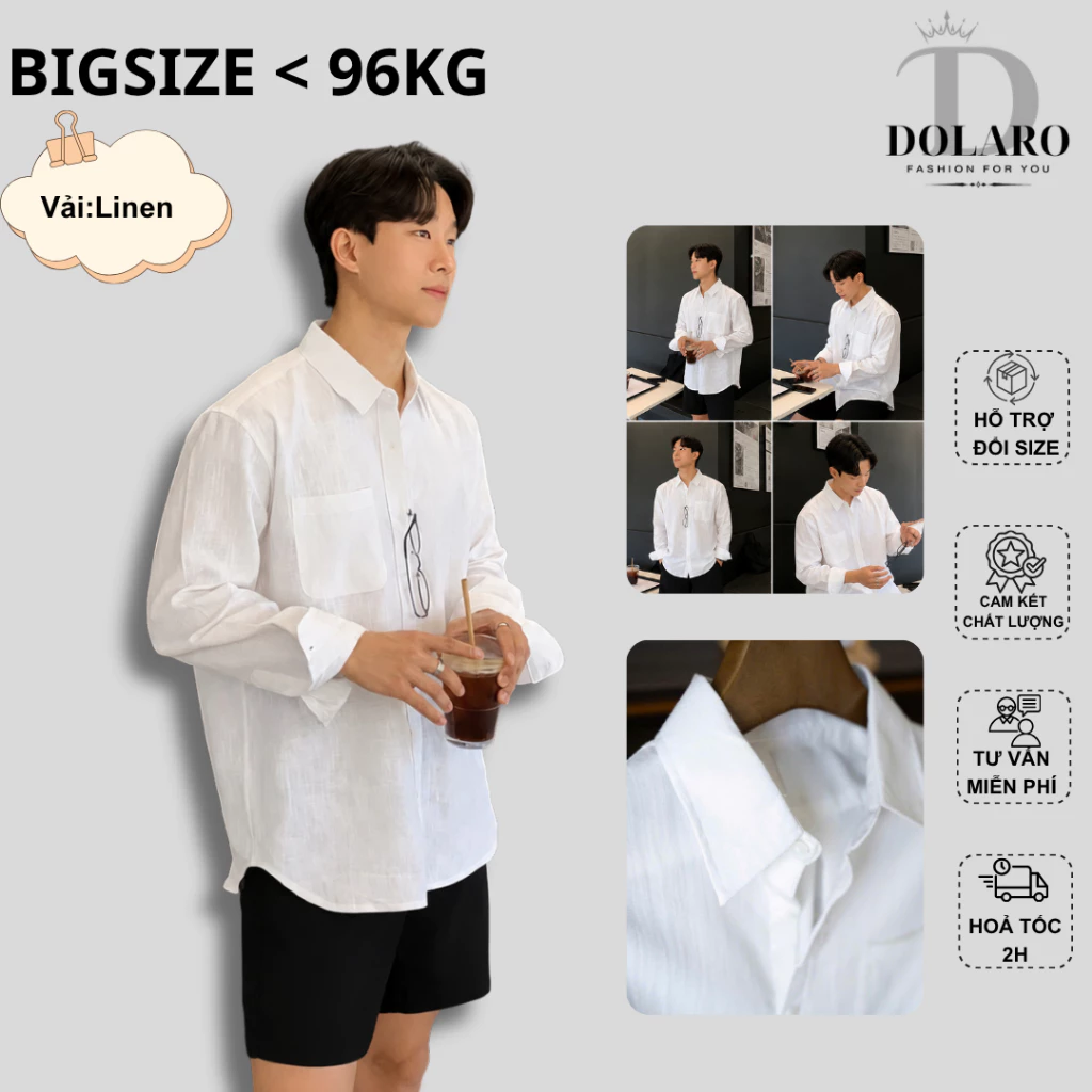 Áo sơ mi tay dài linen nam nữ dáng rộng cao cấp thương hiệu DOLARO nhiều màu bigsize dưới 96kg