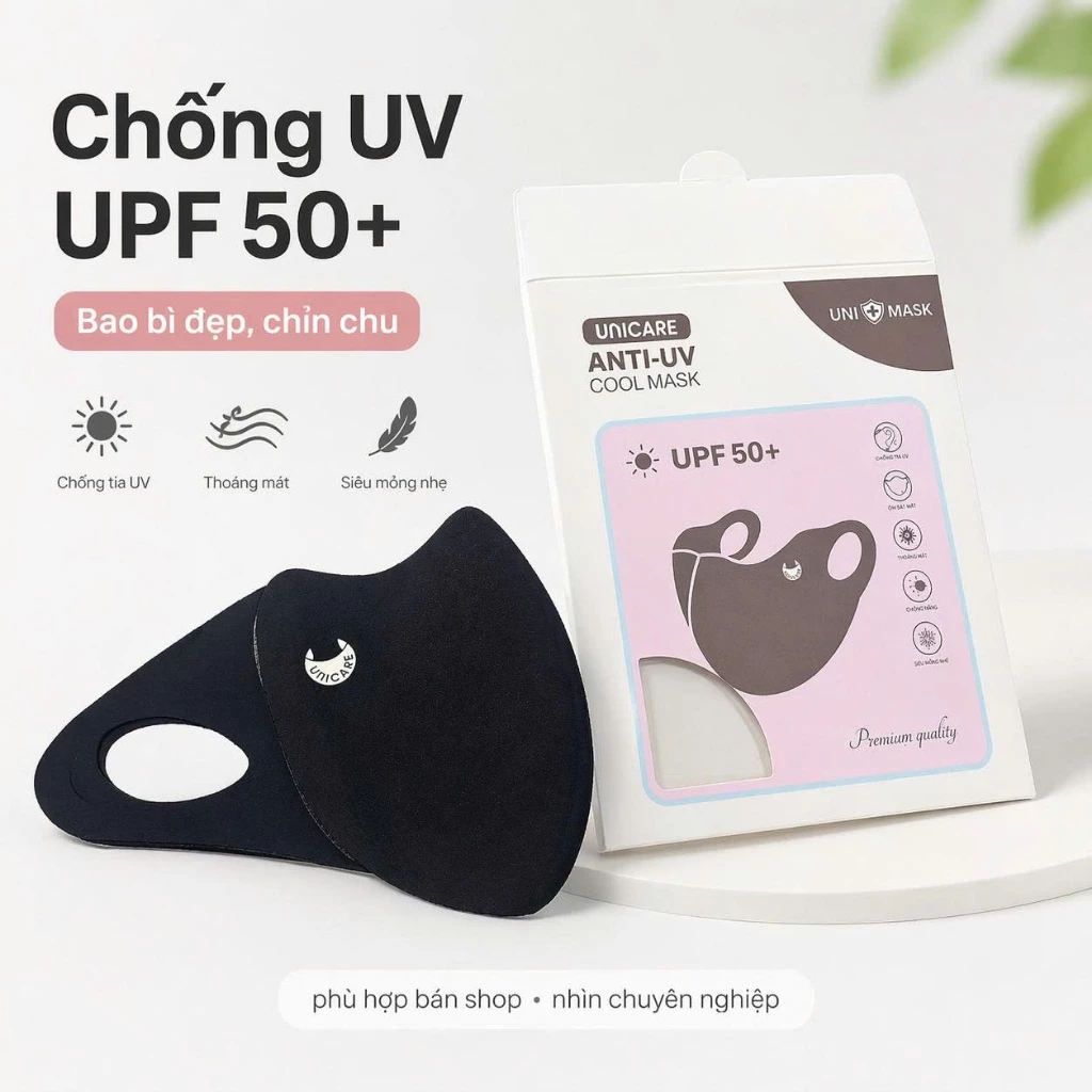 Khẩu Trang Chống UV Anti UV Unicare - Vải Lụa Băng Mát Lạnh, Chỉ Số UPF 50+, Chống Tia Cực Tím 99%