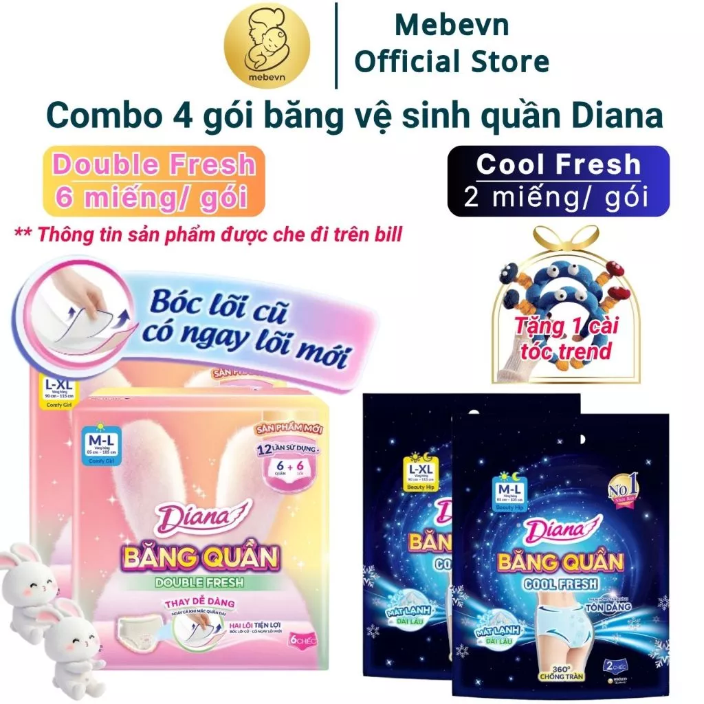 Combo 4 gói băng vệ sinh nữ dạng quần Diana Double Fresh & Cool Fresh, băng vệ sinh quần tiện lợi