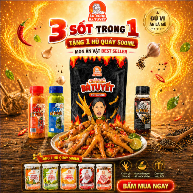 (Tặng 1 hũ đùi gà nhỏ) COMBO 3 TRONG 1: 20 chân gà tê cay rút xương + 3 hũ sốt - Ăn Cùng Bà Tuyết