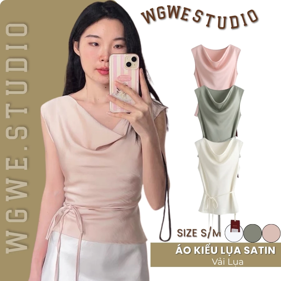 WGWE Studio Áo Kiểu Nữ Lụa Satin – Áo Sát Nách Cổ Đổ Style Tiểu Thư Sang Trọng 8967
