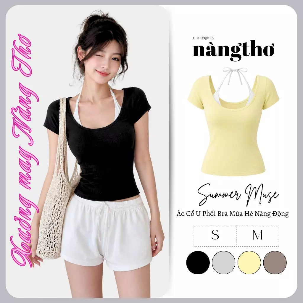 403 Summer Muse-Áo Ôm Body Cổ U Phối Bra Phong Cách Mùa Hè Chất Thun Cotton Co Gĩan