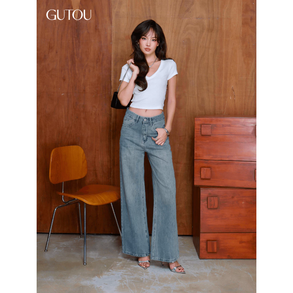 [ GUTOU ] Quần Jean Suông Basic Wash Xước G241