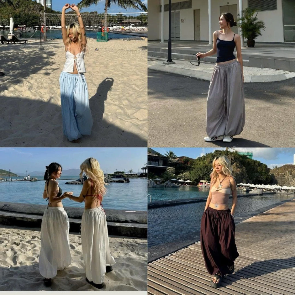 Quần Balloon Pants Nữ Ống Bom Rộng Cạp Chun Bo Gấu Vải Gió Mềm Nhẹ Thoáng Mát Tôn Dáng Trendy Đồ Đôi Đi Biển s47