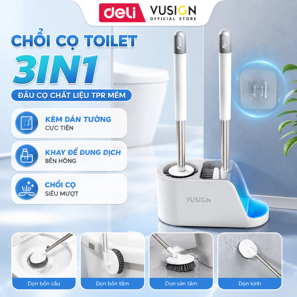 Cọ Bồn Cầu Deli Vusign 3in1 Cọ Toilet Nhà Vệ Sinh Để Được Chai Tẩy Rửa Tay Cầm Có Móc Treo