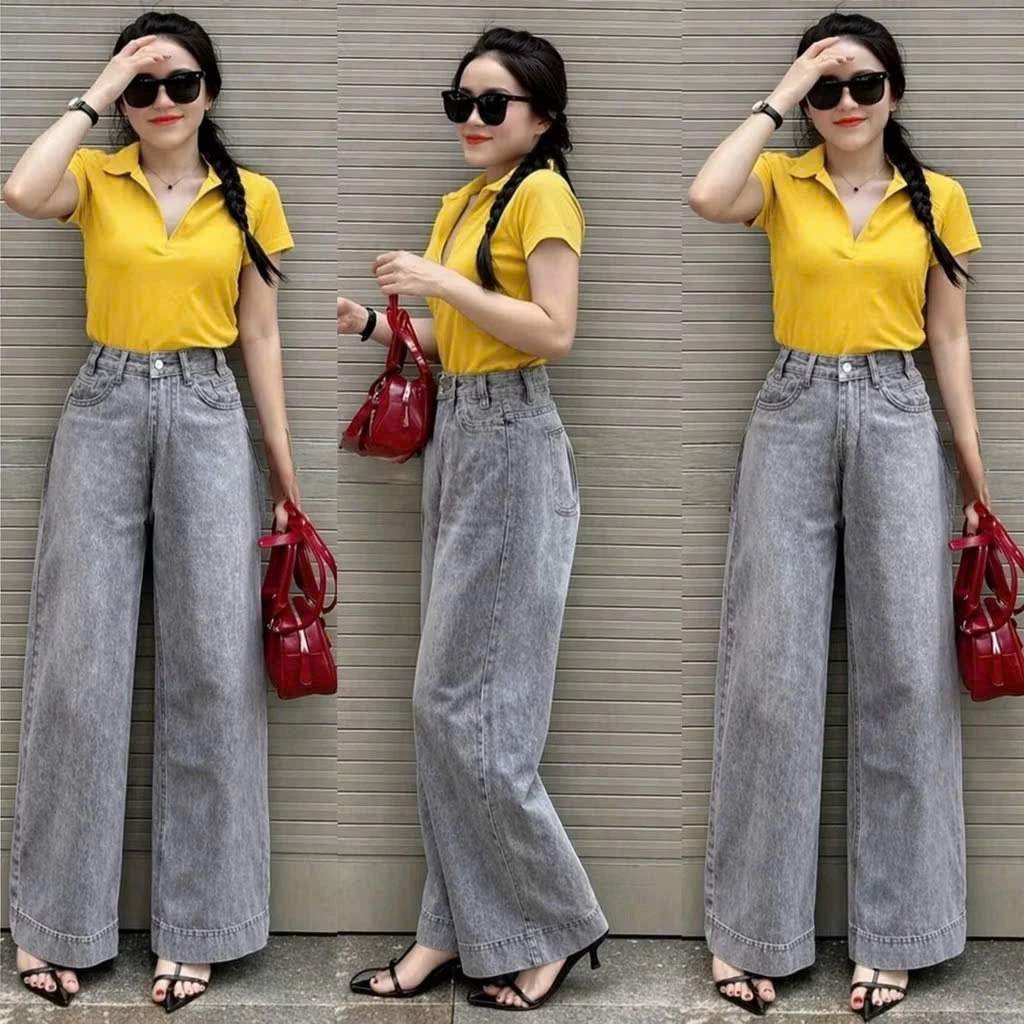Quần jeans nữ suông trơn gấu to màu khói kiểu dáng thời trang mã QS48