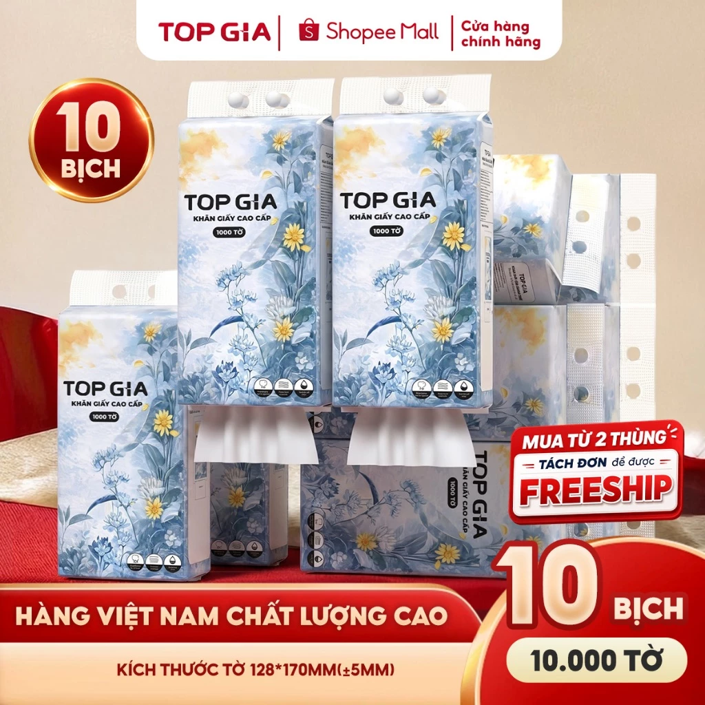 (Phiên Bản Mới) Khăn giấy treo tường Top Gia thùng 5, thùng 10 bịch Mộc an 1000 tờ làm từ bột giấy từ thiên nhiên