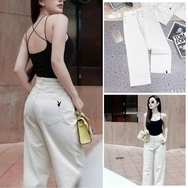 Quần suông nữ màu trắng gấu to thêu phong cách Hàn Quốc mã QS49