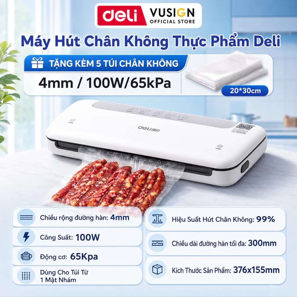 Máy Hút Chân Không Thực Phẩm Deli - Bảo Quản Đồ Ăn Gia Đình Hàn Miệng Túi 100W 65kPa