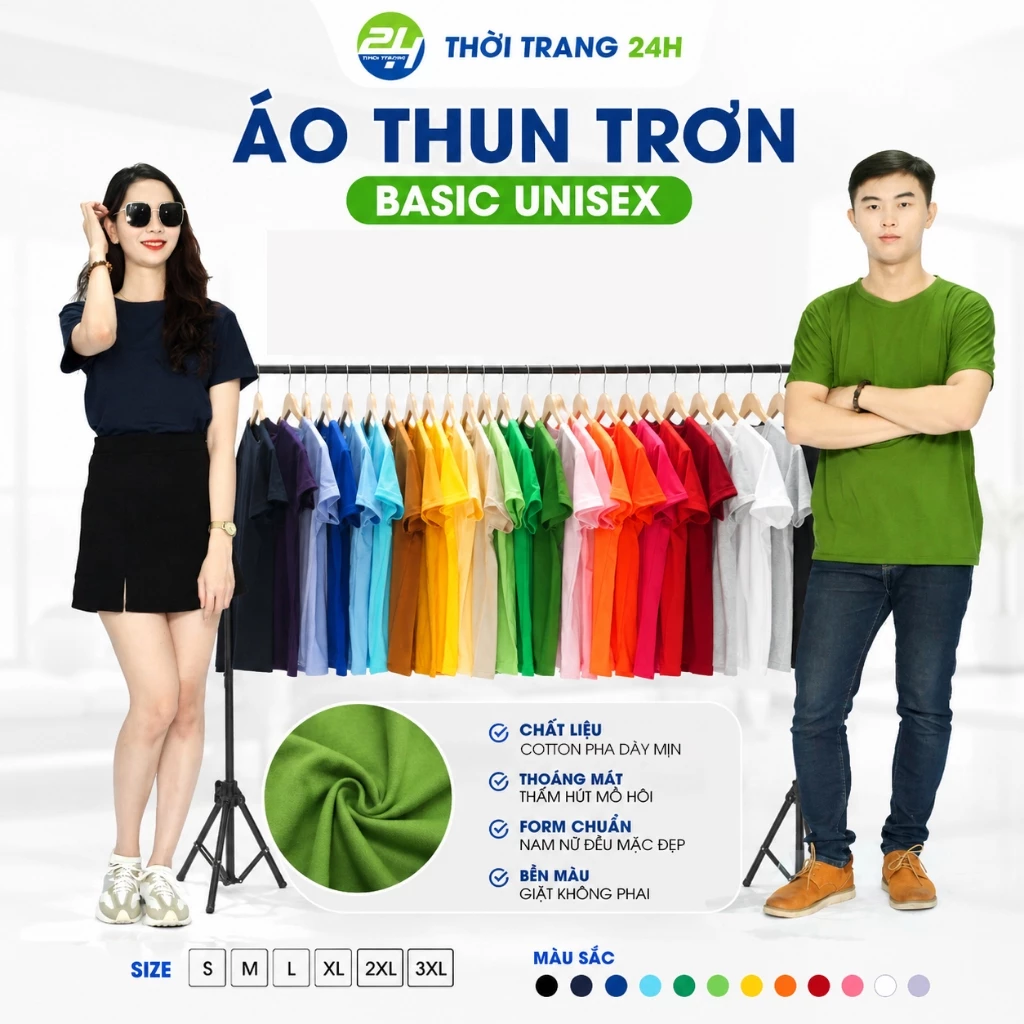 Áo Phông Trơn Nhiều Màu THOITRANG24H Đủ Size Vải Dày Mịn Phom Dáng Vừa Cho Nam Và Nữ