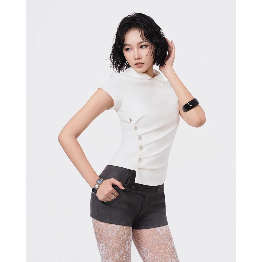 Áo sơ mi ngắn tay cổ tròn thiết kế nếp gấp JOSIE TOP | POV.OFFICIAL