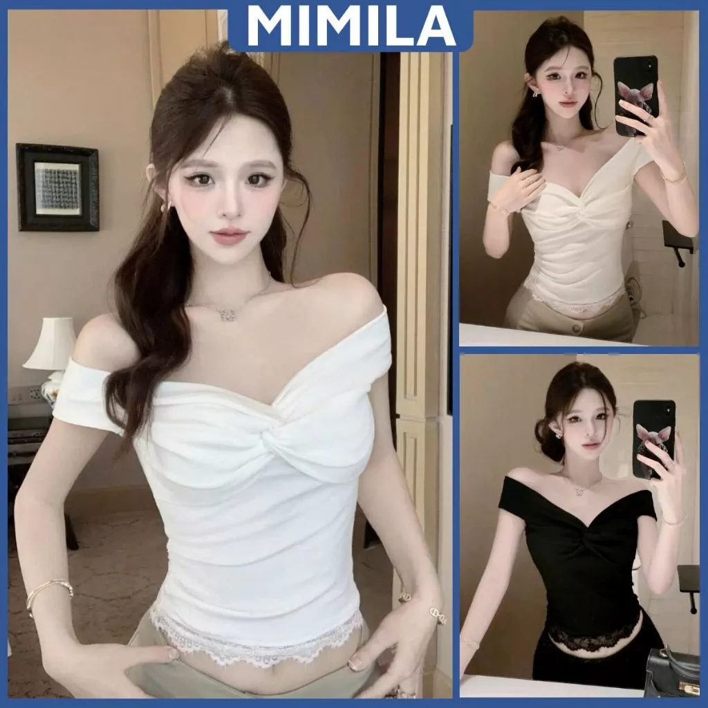 [CÓ SIZE] Áo Trễ Vai Nữ Tay Ngắn Xoắn Ngực Viền Ren MIMILA Vải Cotton Mịn Mát Co Giãn Ôm Body Gợi Cảm - MA363