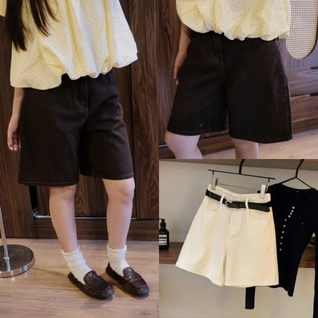 Quần Ngố Jean Nữ Trơn Basic Ống Suông Chất Jeans Mềm Co Giãn Tôn Dáng Cạp Cao Đi Chơi Đi Học 6975