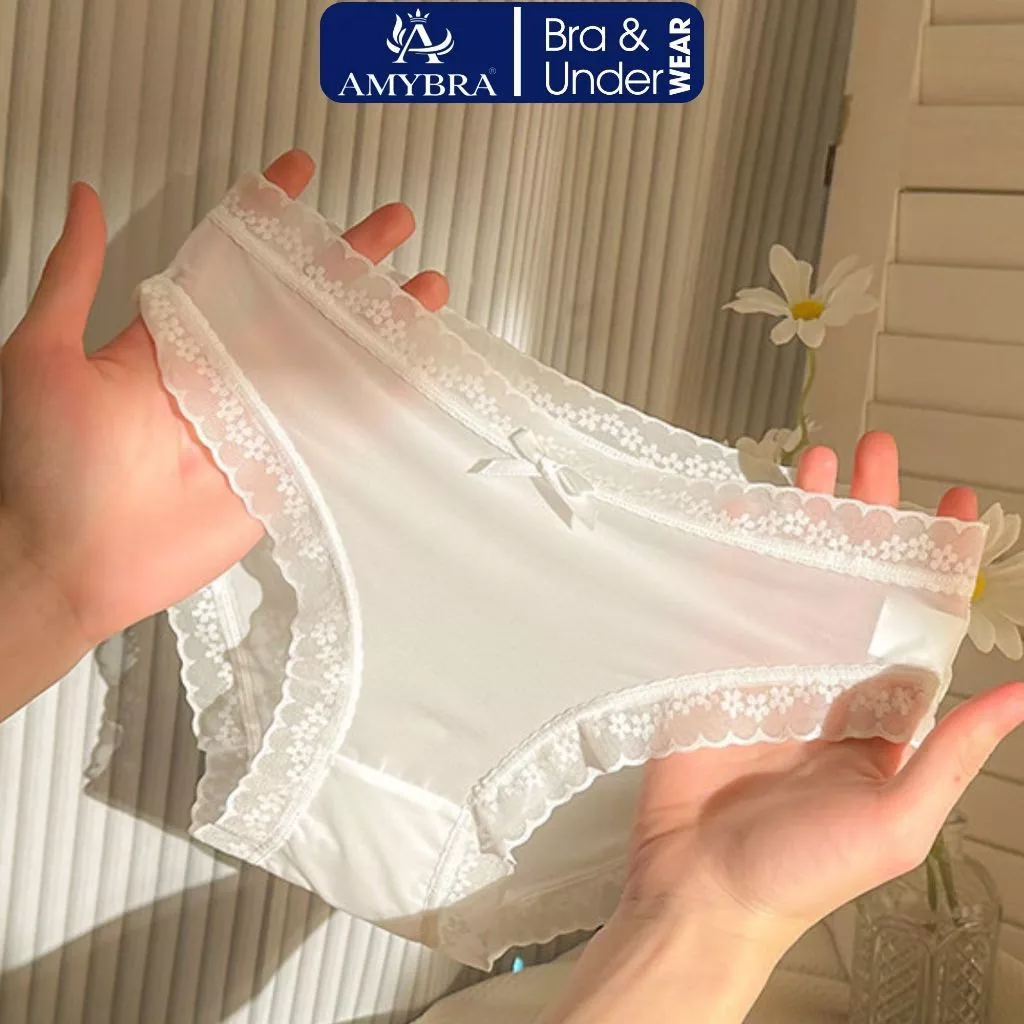 Quần Chip Nữ Màu Sắc Pastel Nữ Tính AMYBRA L519 Quần Lót Nữ Su Lụa Tàng Hình Viền Ren ĐÍnh Nơ