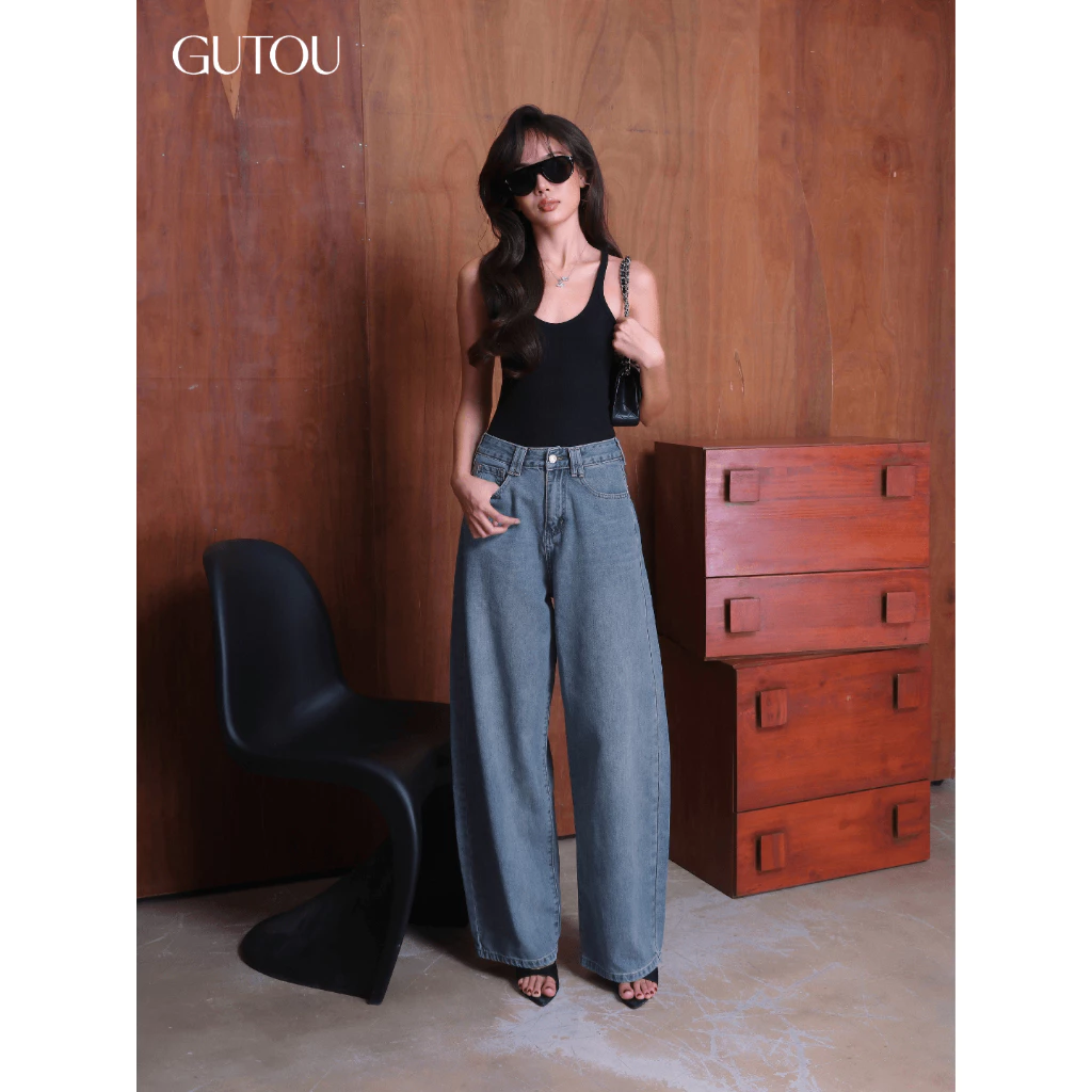GUTOU - Quần Jean Baggy Nữ , Ống Cong Túi Thêu Kylie , Vải Jean Mềm, Màu Wash Sang G242